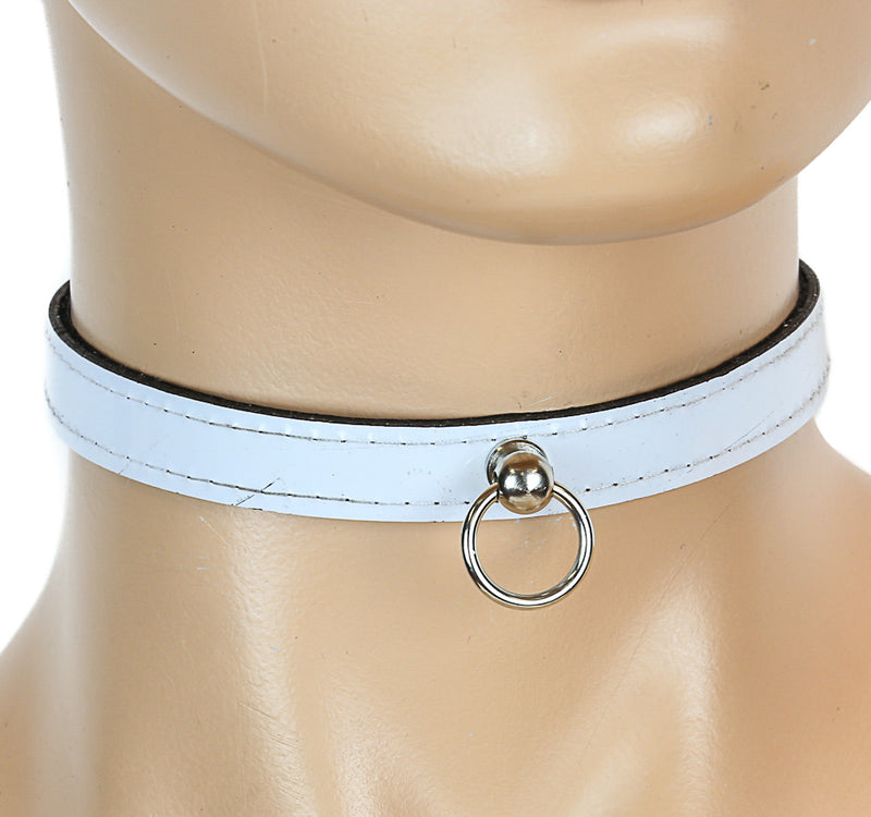 Bondage Thin White Leather Choker With Small Silver O Ring
