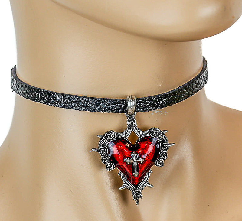 Black Leather Choker with Hanging Red Heart Charm and Cross
