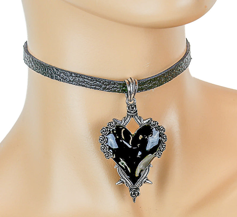 Black Leather Choker with Hanging Heart Charm