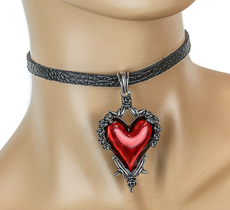 Black Leather Choker with Hanging Red Heart Charm