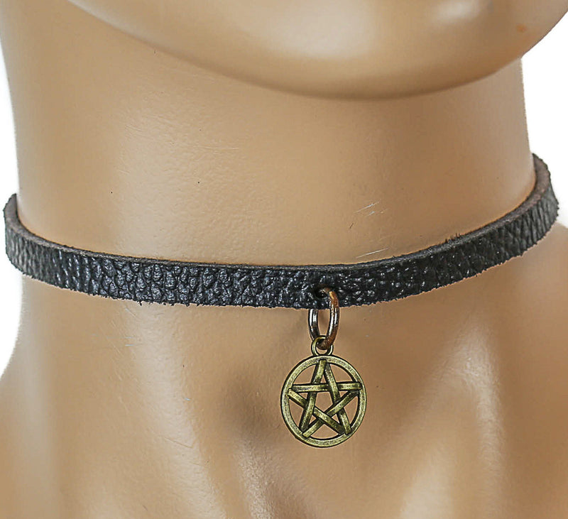 Black Leather Choker with Gold-Colored Hanging Satanic Symbol Charm