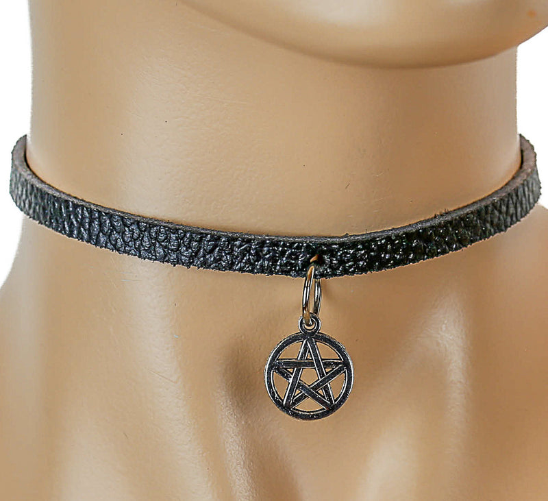 Black Leather Choker with Silver-Colored Hanging Satanic Symbol Charm