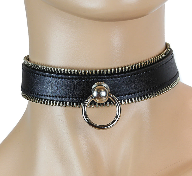 Bondage Medium Black Choker With Zippers and Small Gold O Ring
