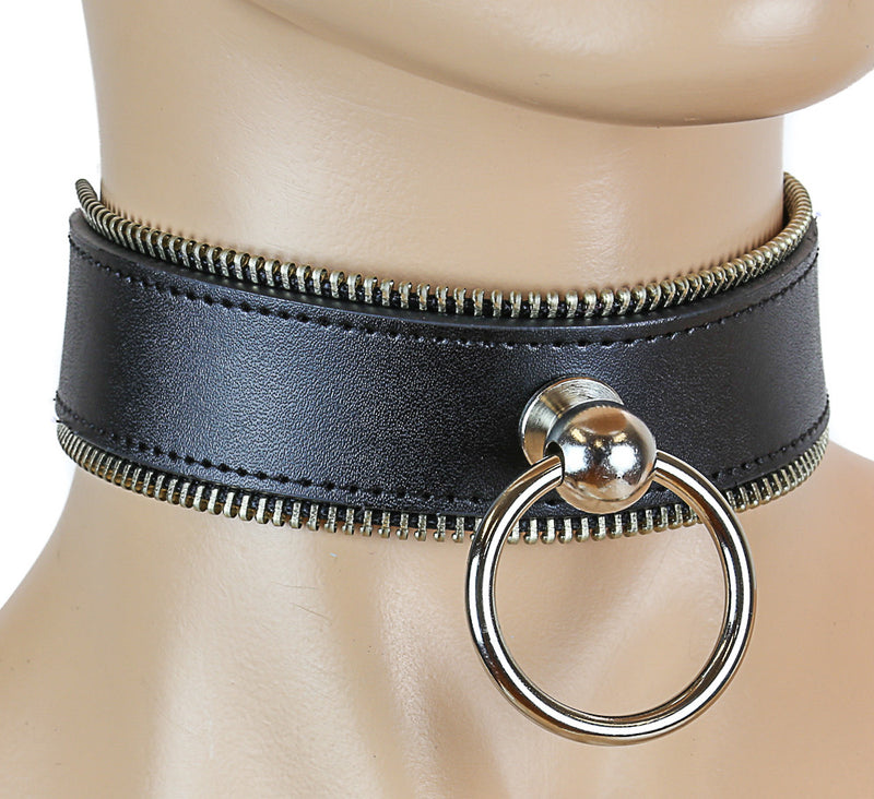 Bondage Thick Black Choker With Zippers and Large Gold O Ring