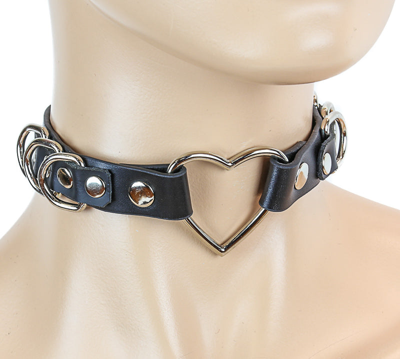 Black Choker with Multiple Clasps and Heart-Shaped RIng