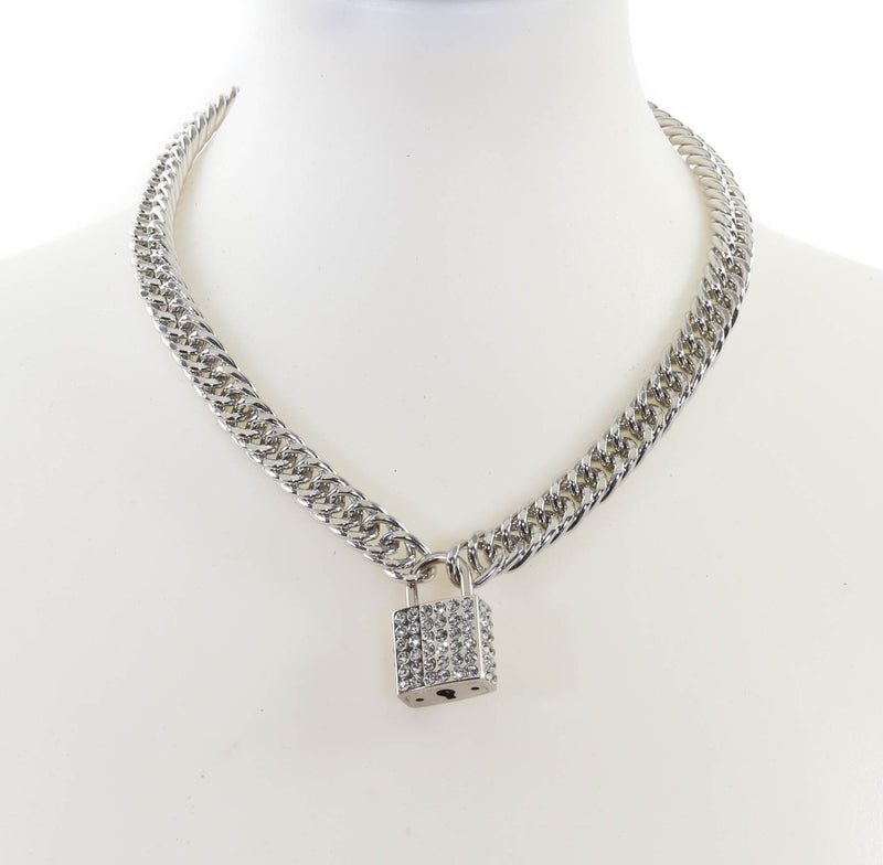 Rhinestone Square Padlock Necklace Pendant Premium Diamond Cut Chain