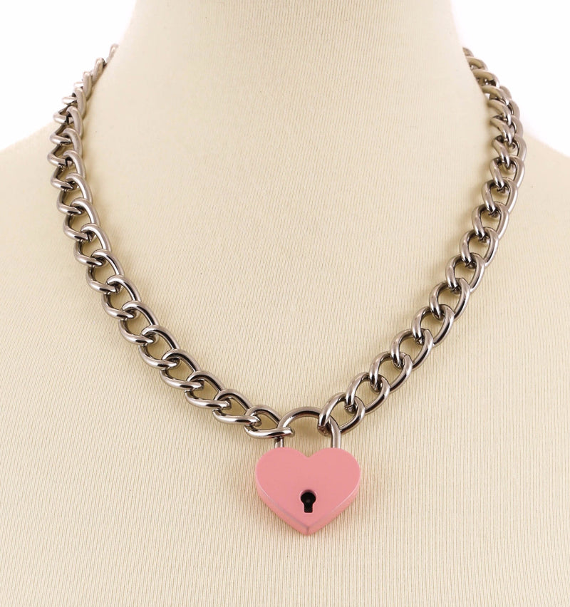 Heart Pad Lock Steel Chain Pendant Necklace Blue Pink Purple & Red
