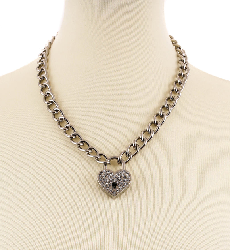 Rhinestone Heart Padlock Necklace Pendant Premium Steel Regular Chain