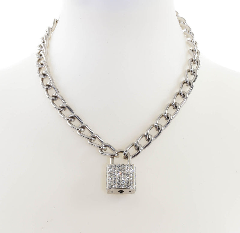 Rhinestone Square Padlock Necklace Pendant Premium Steel Regular Chain