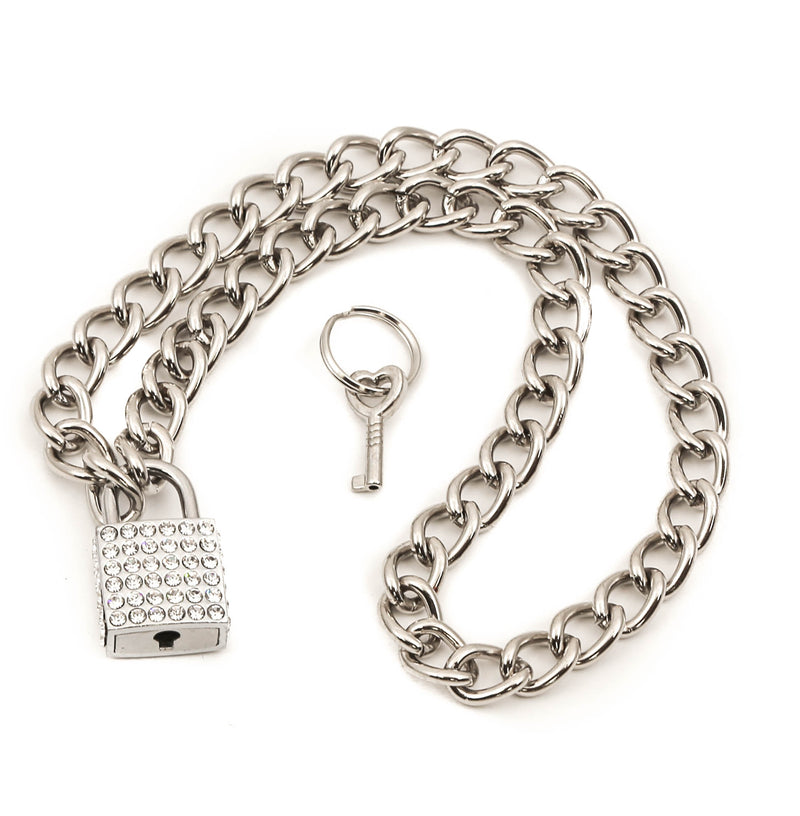 Rhinestone Square Padlock Necklace Pendant Premium Steel Regular Chain