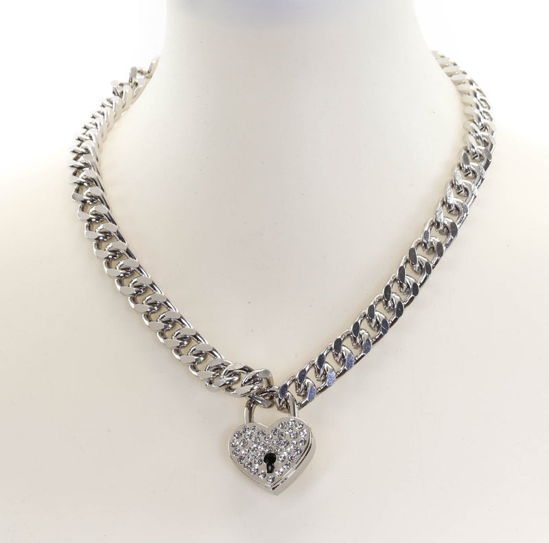 Rhinestone Silver Heart Padlock Necklace Pendant Diamond Cut Cuban Chain