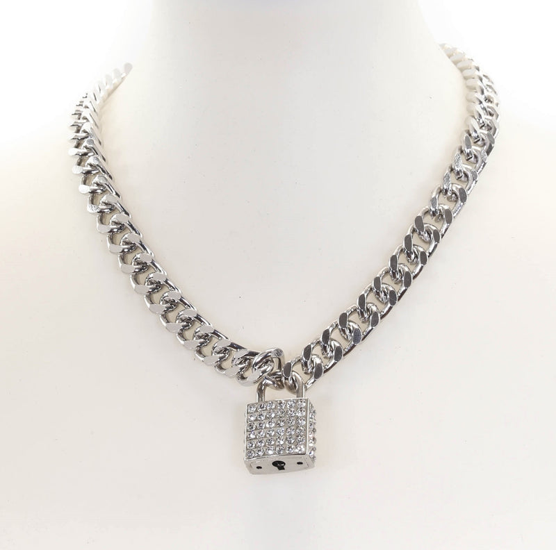 Rhinestone Silver Square Padlock Necklace Pendant Diamond Cut Cuban Chain