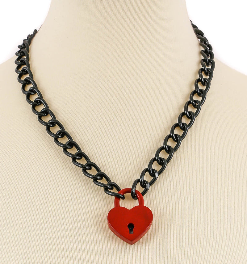 Red Heart Padlock Black Chain Pad Lock Choker