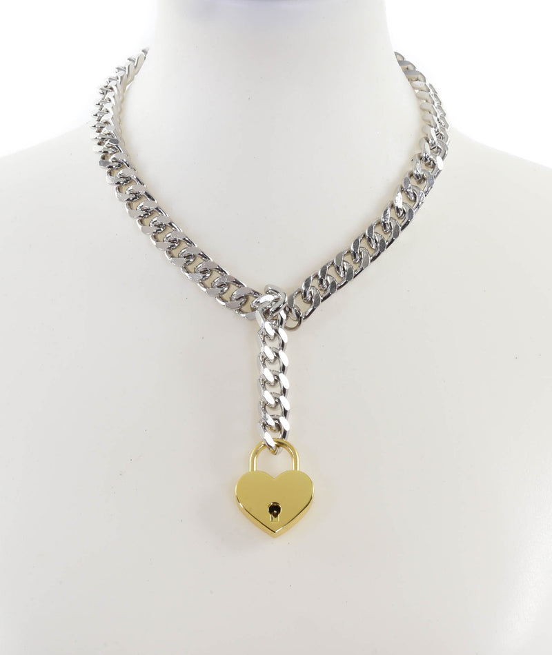 Hanging Gold Heart Lock Pendant Cuban Diamond Cut Cain Choker Necklace