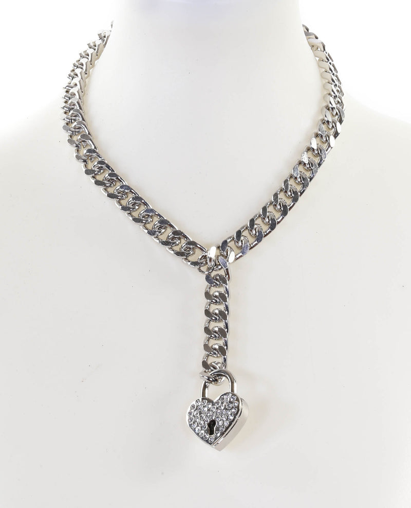 Hanging Rhinestone Heart Lock Pendant Cuban Diamond Cut Cain Choker Necklace