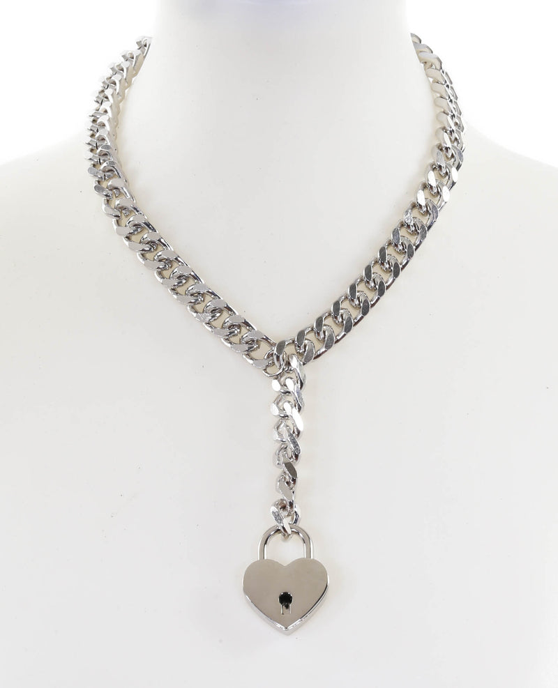 Hanging Silver Heart Lock Pendant Cuban Diamond Cut Cain Choker Necklace