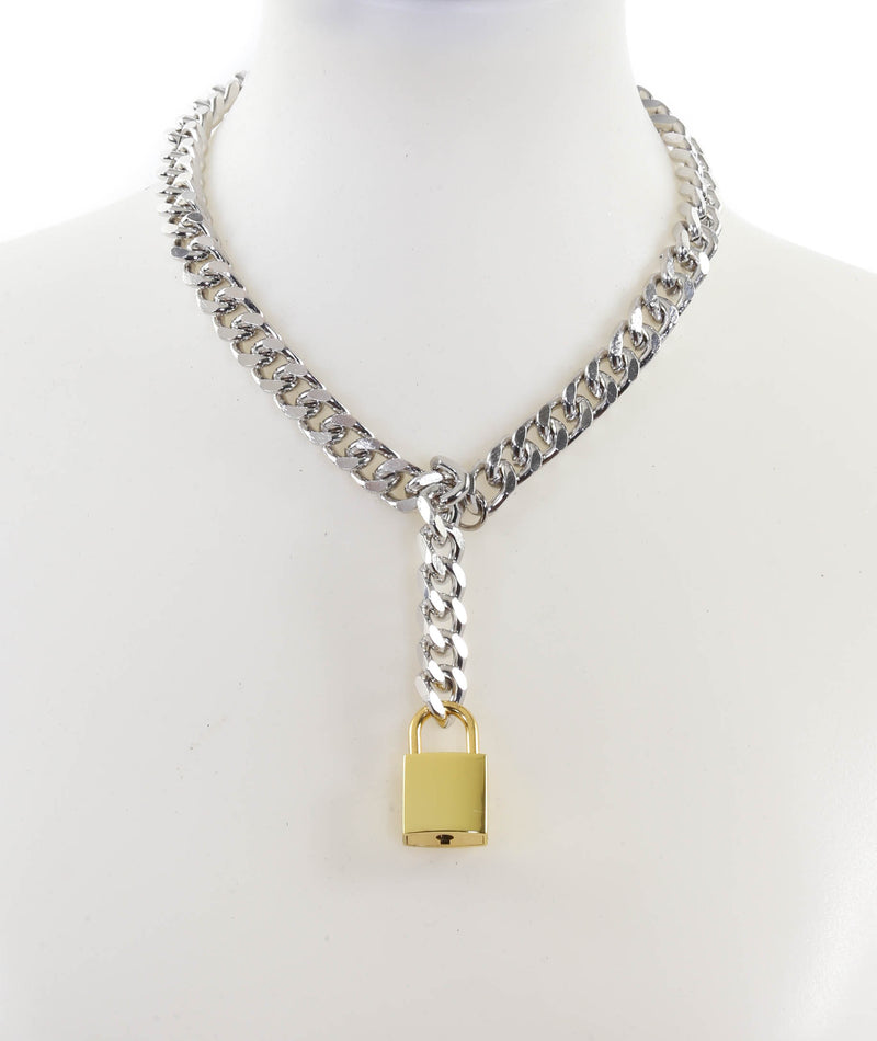 Hanging Gold Square Lock Pendant Cuban Diamond Cut Cain Choker Necklace
