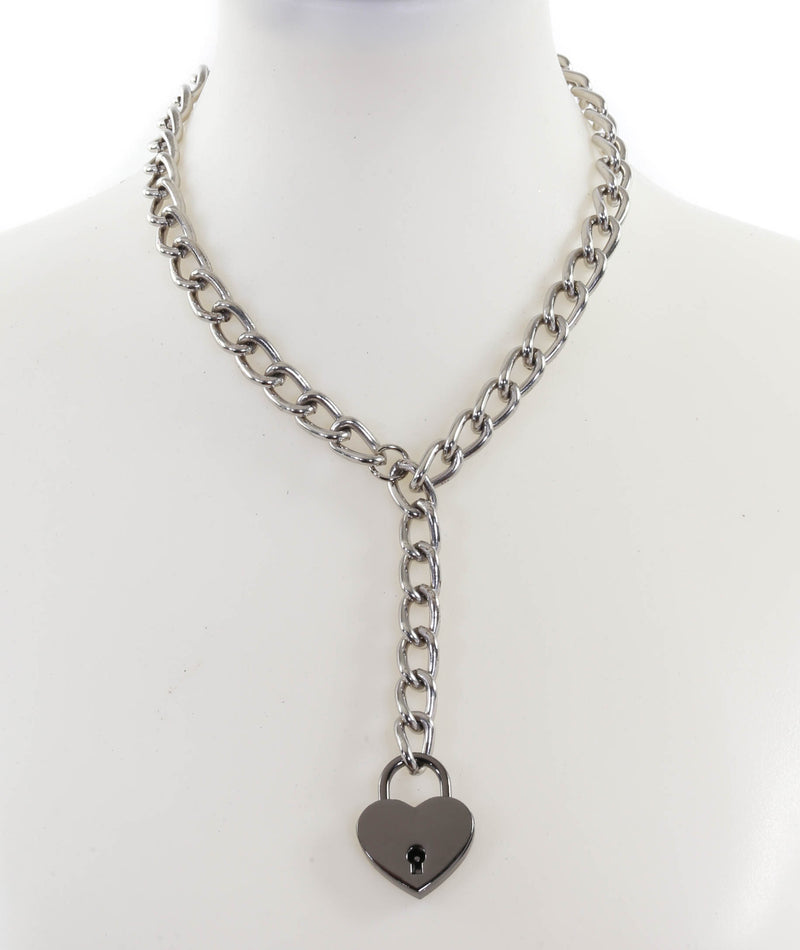 Hanging Silver Heart Lock Pendant Silver Steel Cain Choker Necklace