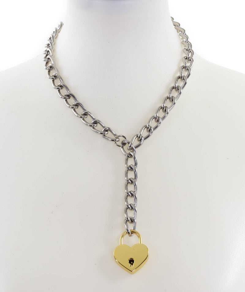 Hanging Gold Heart Lock Pendant Silver Steel Cain Choker Necklace