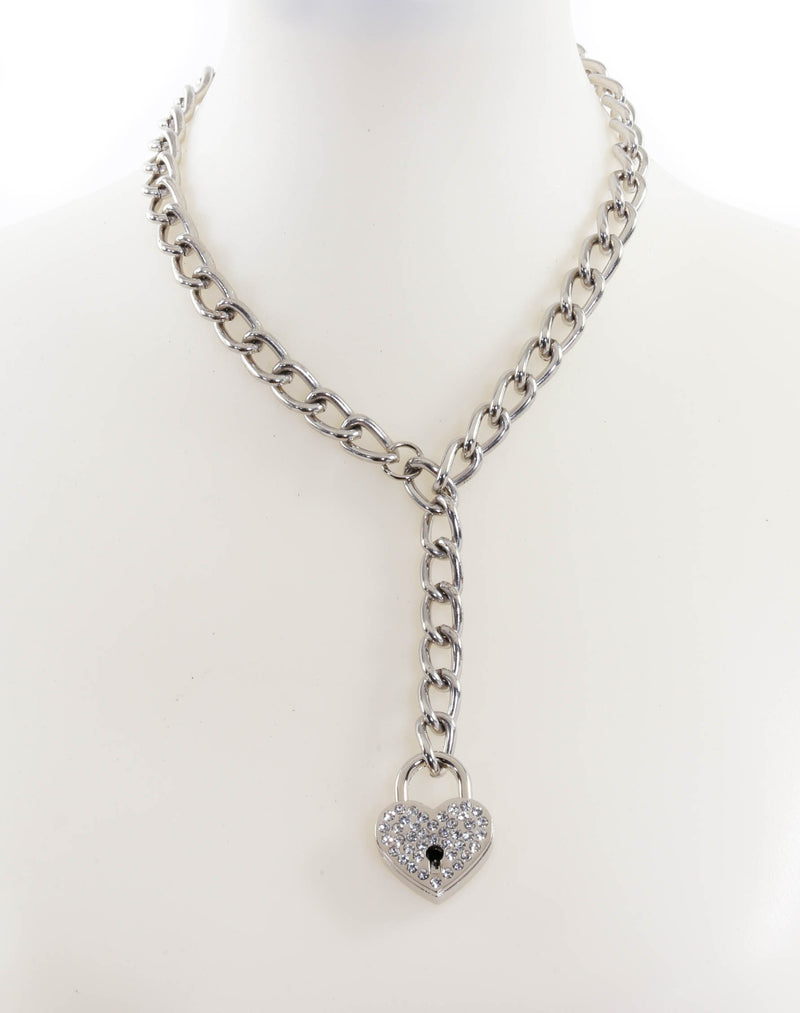 Hanging Rhinestone Heart Lock Pendant Silver Steel Cain Choker Necklace