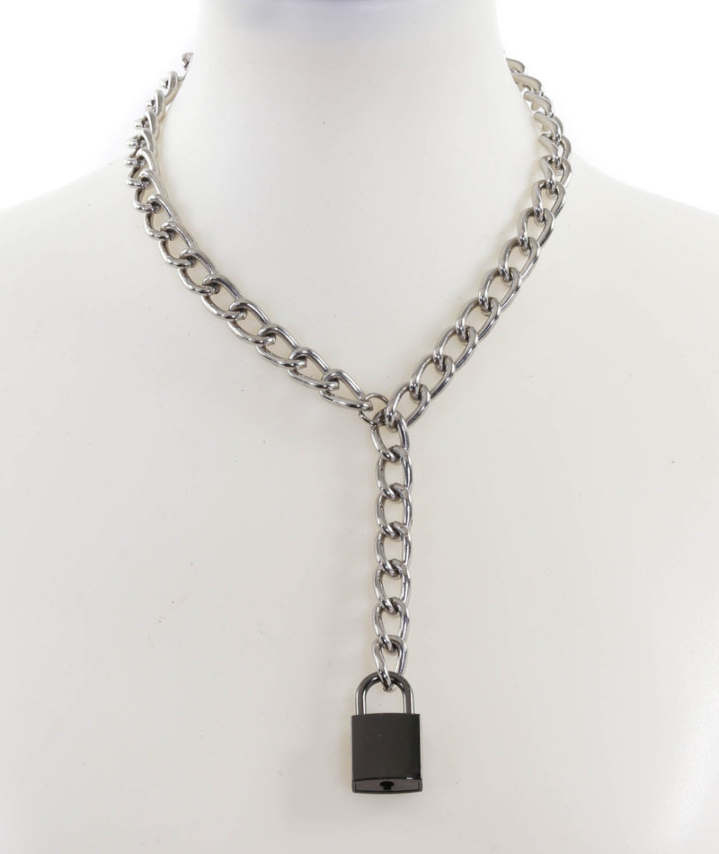 Hanging Black Square Lock Pendant Silver Steel Cain Choker Necklace