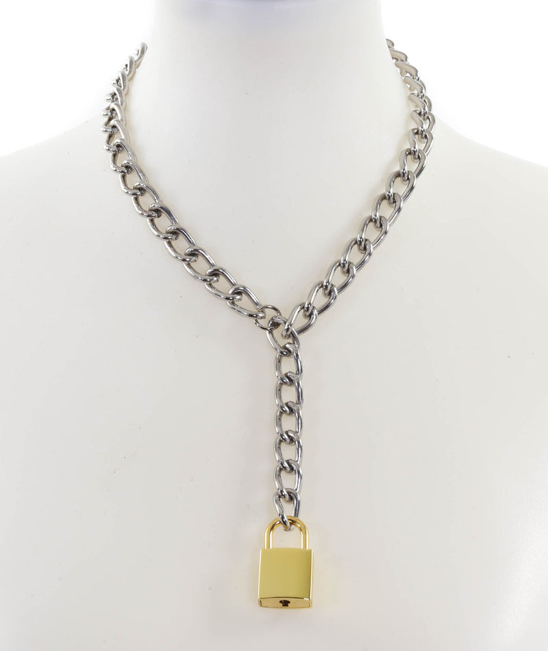 Hanging Gold Square Lock Pendant Silver Steel Cain Choker Necklace