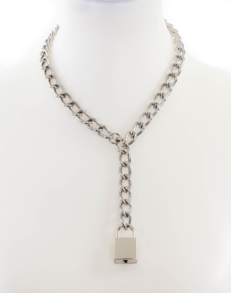 Hanging Silver Square Lock Pendant Silver Steel Cain Choker Necklace