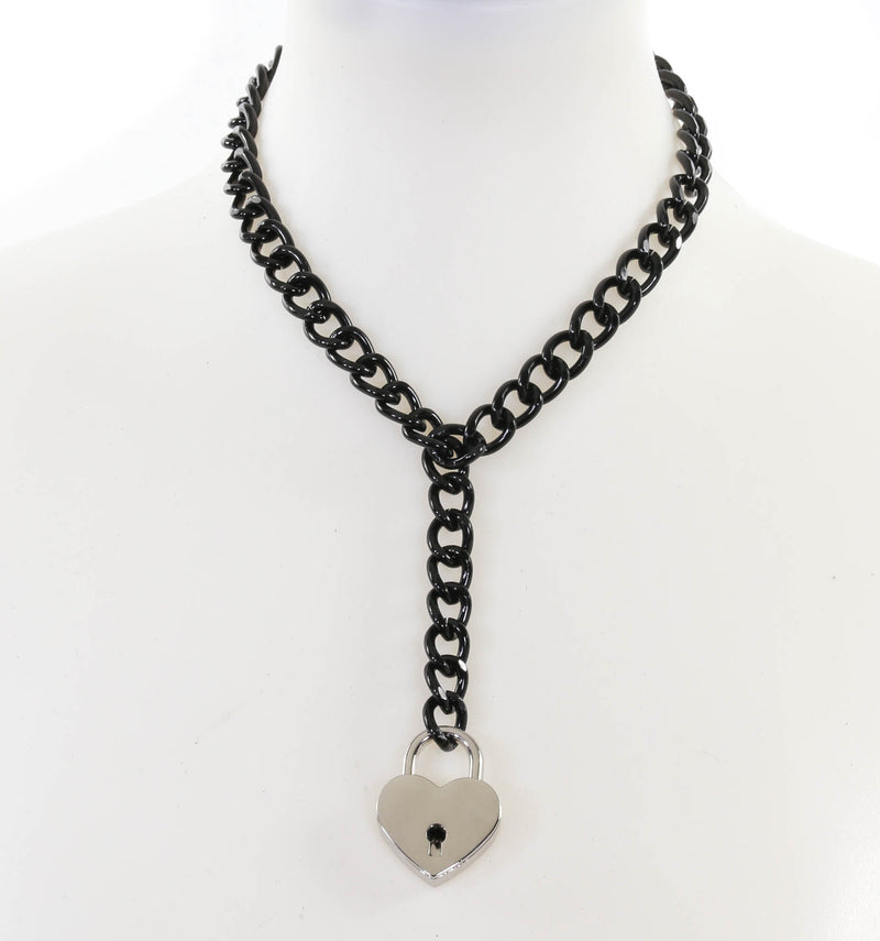 Hanging Sliver Heart Lock Pendant Black Cain Choker Necklace