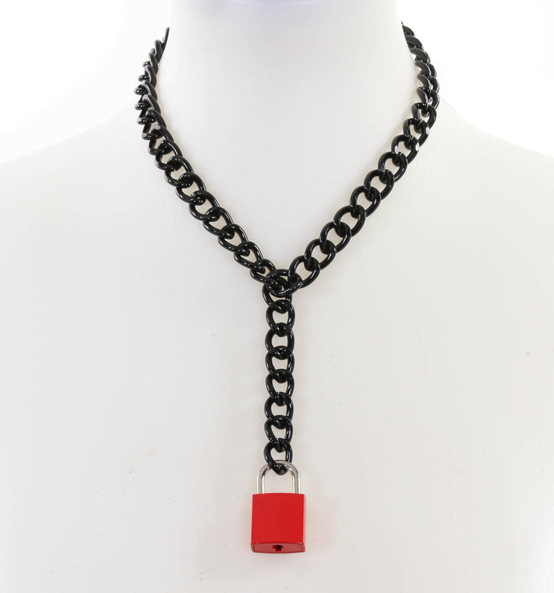 Hanging Red Square Lock Pendant Black Cain Choker Necklace
