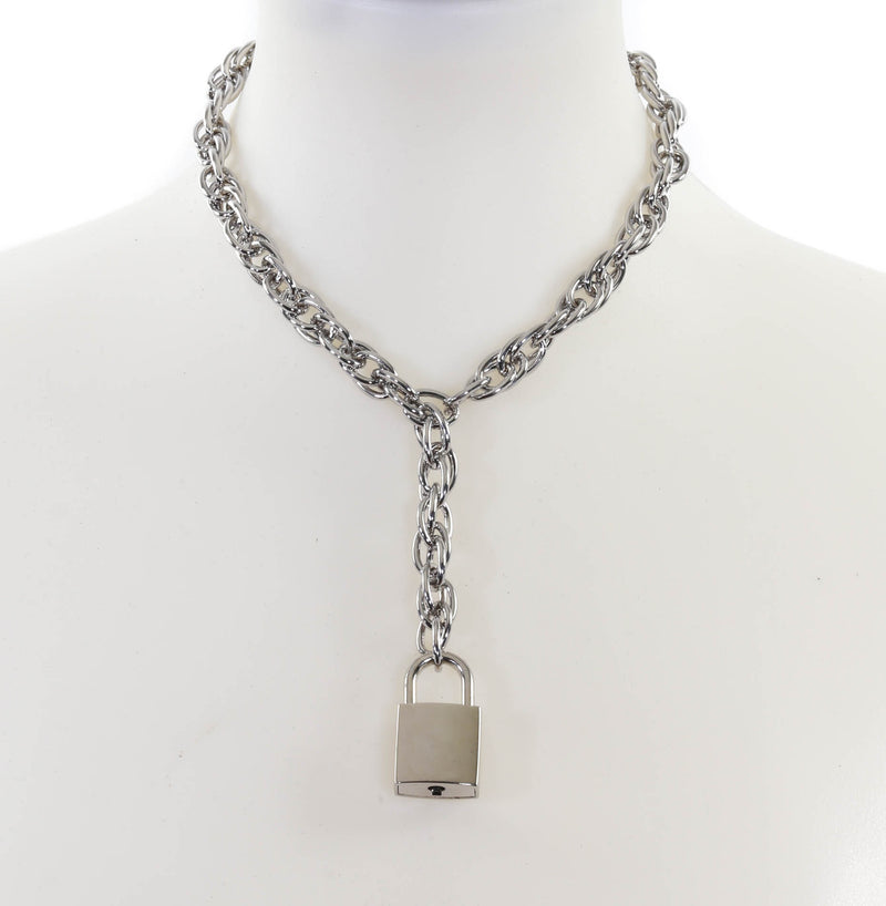 Hanging Silver Square Lock Pendant Rope Cain Choker Necklace