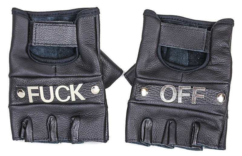 FINGERLESS GLOVES WITH "FUCK OFF" GRAPHIC