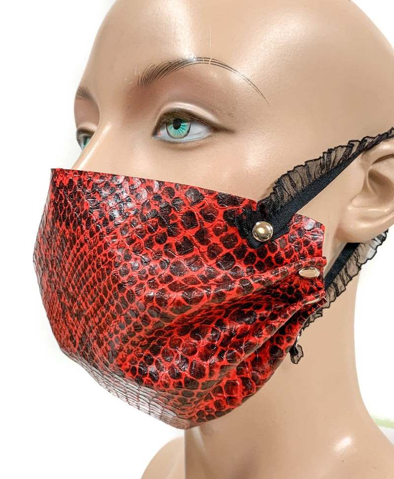 Red Snake Skin Face Mask Synthetic Leather Elastic Lace ups