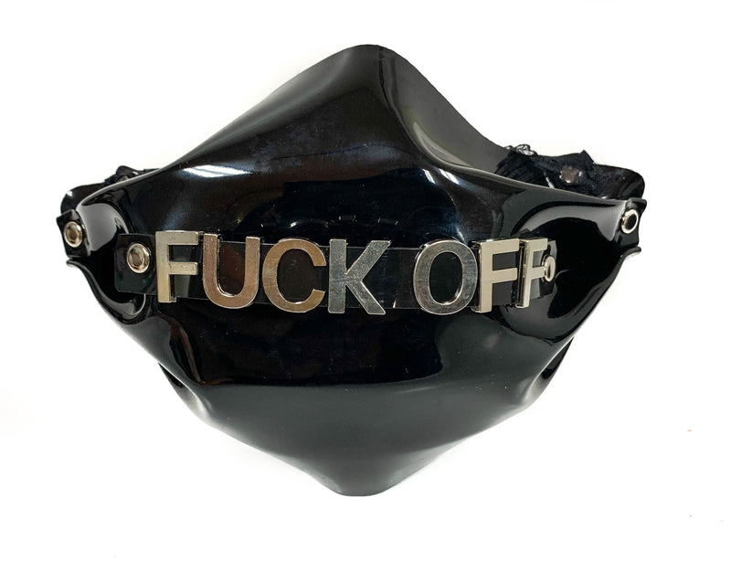 FUCK OFF Patent Face Mask Synthetic Leather Elastic Lace ups