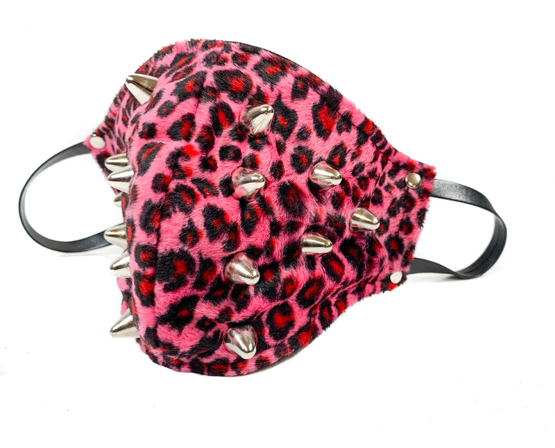 Studded Fuzzy Pink Leopard Face Mask Mouth Cover Face Cover Mask