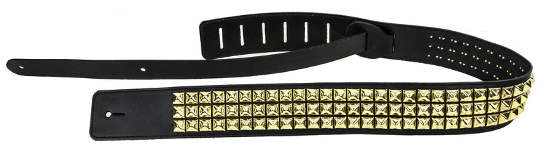 2 1/4" Wide Three Row 1/2" Gold/ Brass Pyramid Stud Classic Style Guitar Strap