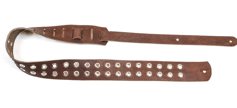 2 1/4" Wide Grommet Eyelet Double Hole Dark Brown Leather Classic Guitar Strap