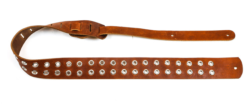2 1/4" Wide Grommet Eyelet Double Hole Tan Saddle Leather Classic Guitar Strap
