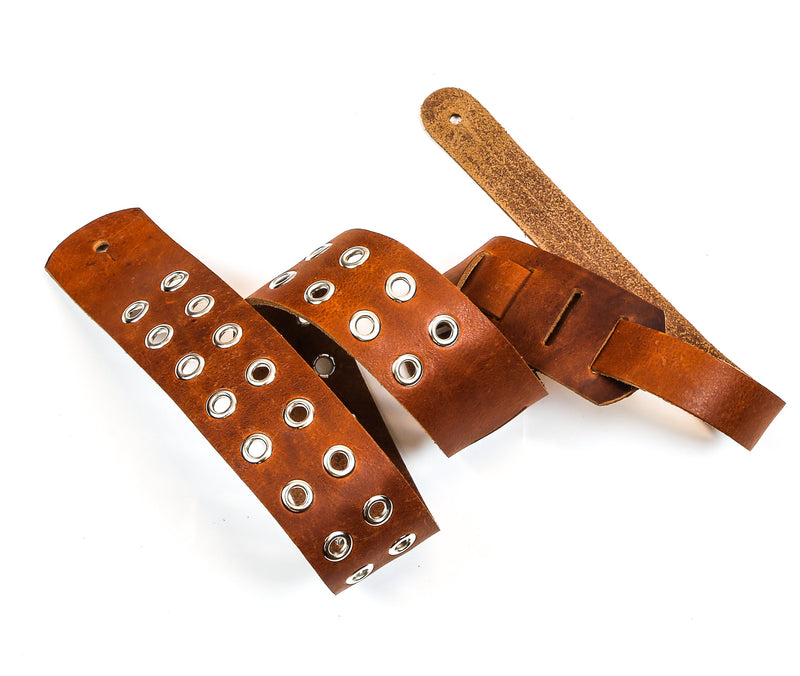 2 1/4" Wide Grommet Eyelet Double Hole Tan Saddle Leather Classic Guitar Strap
