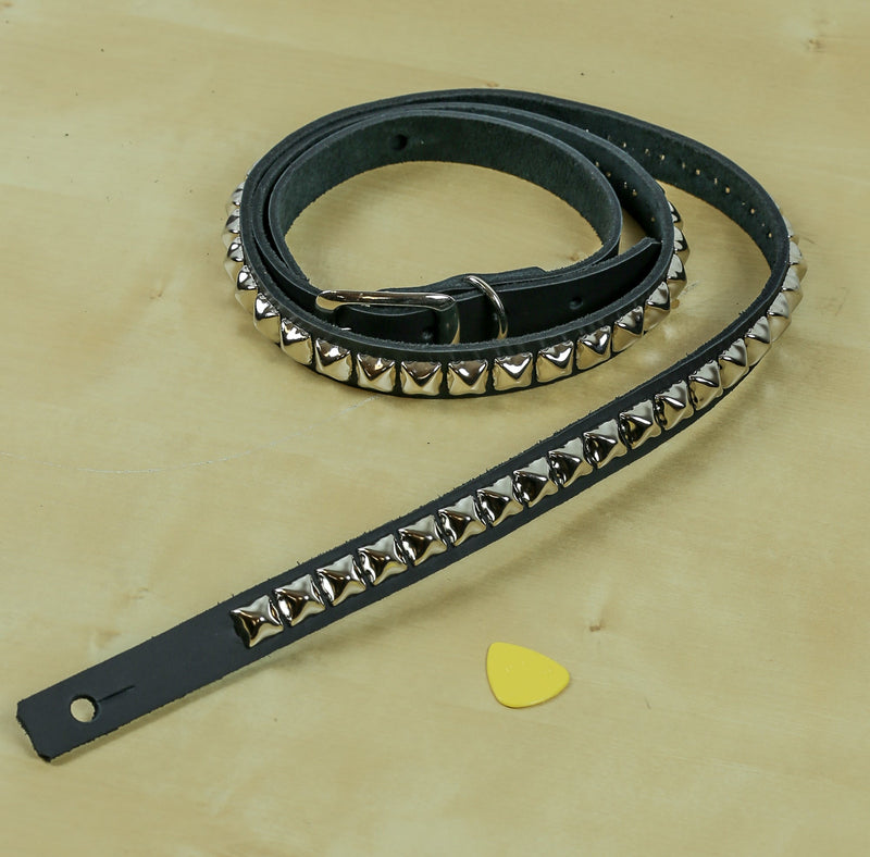 3/4" Wide 1/2" Pyramid Stud Black Cowhide Leather Buckle Guitar Strap
