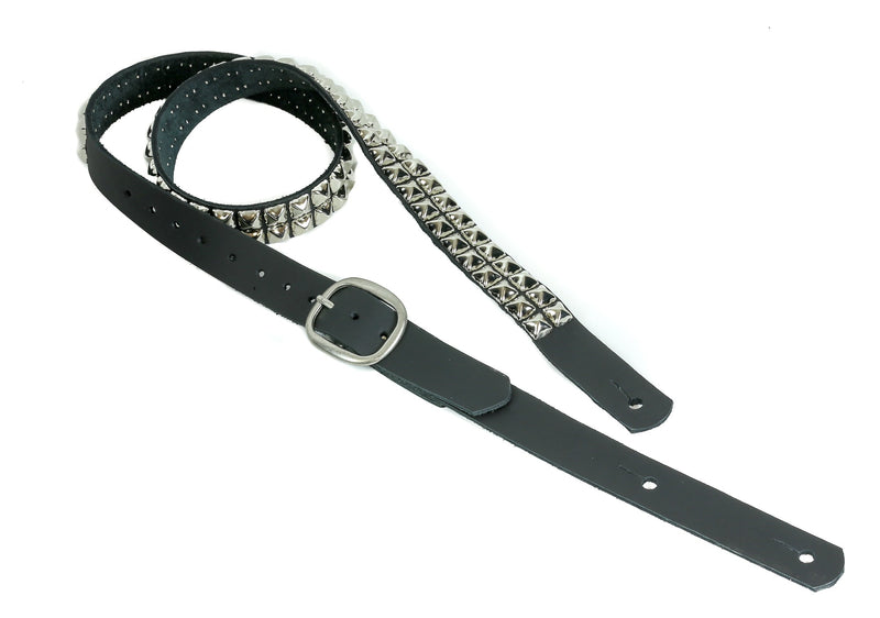 1 1/4" Wide Double 1/2" Nickel Pyramid Stud Black Cowhide Leather Buckle Guitar Strap