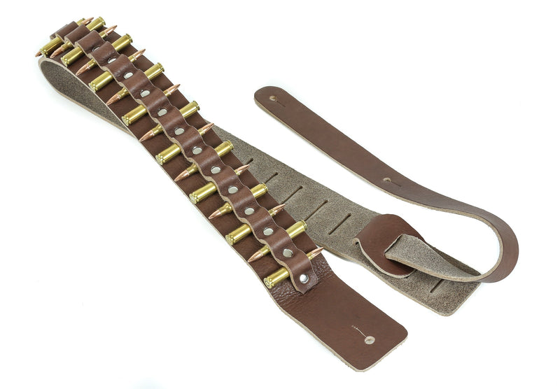 2 1/4" Wide .223 Brass Real Bullet Brown Saddle Classic Guitar Strap