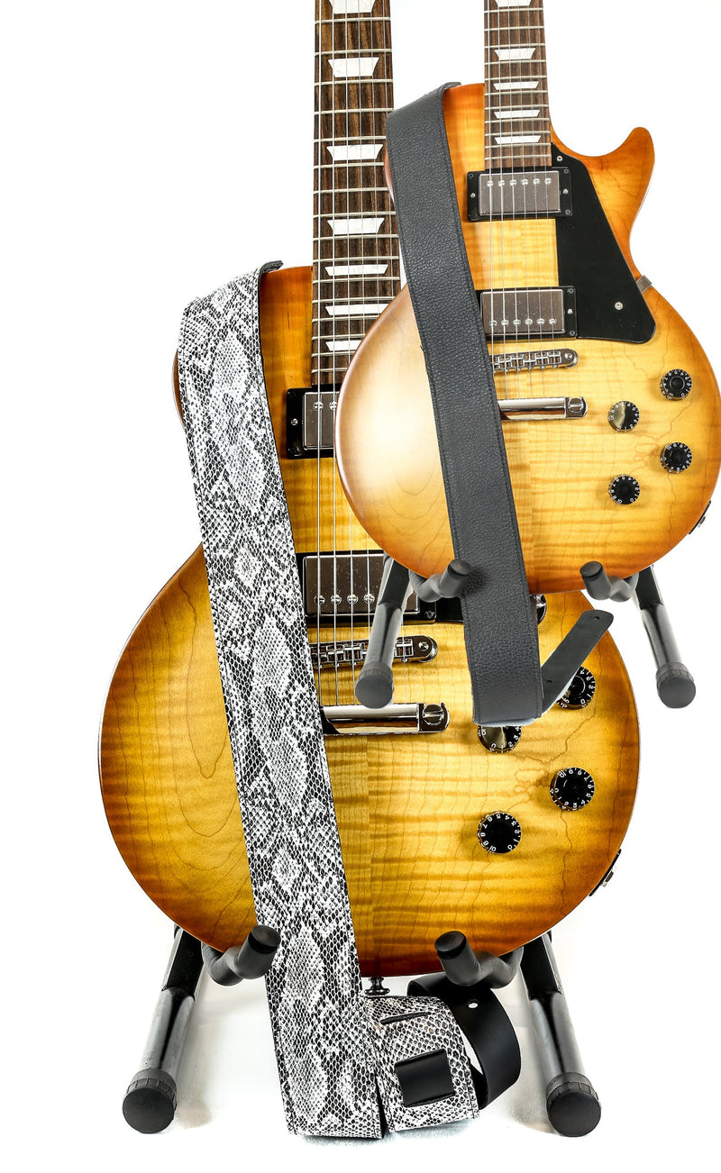 Reversible Genuine Buffalo Leather Snake Print Classic Guitar Strap White