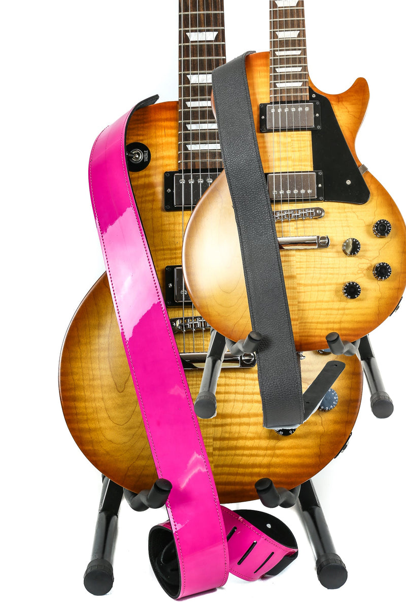 Reversible Genuine Buffalo Leather Patent Neon Classic Guitar Strap Neon Pink