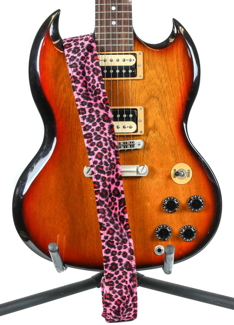 1 3/4" Buckle Plain Punk Goth Classic Leather Insert Guitar Strap Leopard Pink