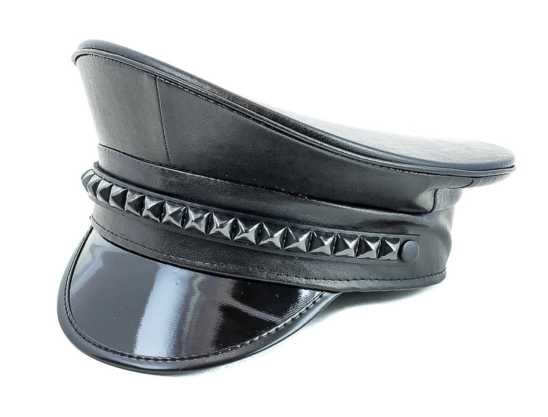 Black Studded Faux Leather Chain Captain Hat