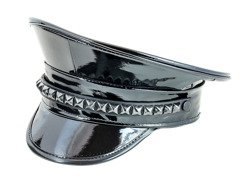 Black Studded Shiny Black Chain Captain Hat