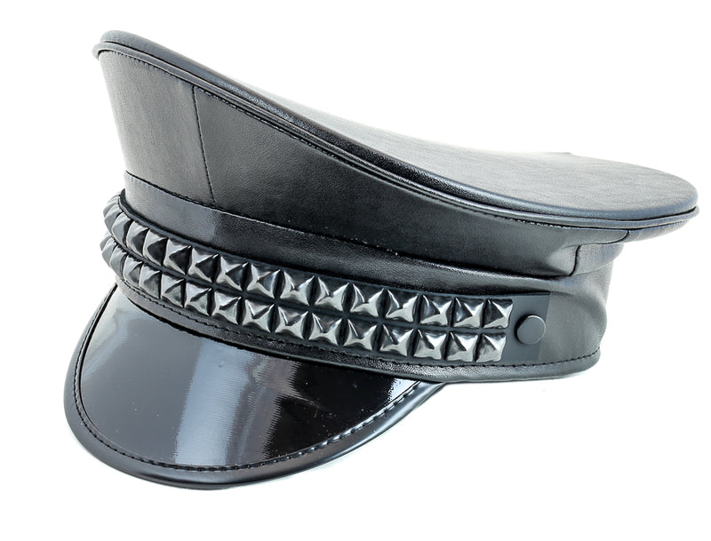 Double Black  Studded Faux Leather Chain Captain Hat