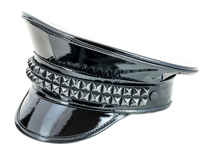 Double Black Studded Shiny Patent Leather Chain Captain Hat