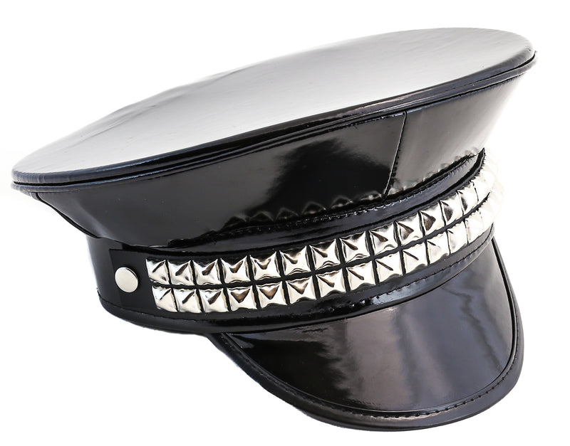 Double Shilver Studded Shiny Patent Leather Chain Captain Hat