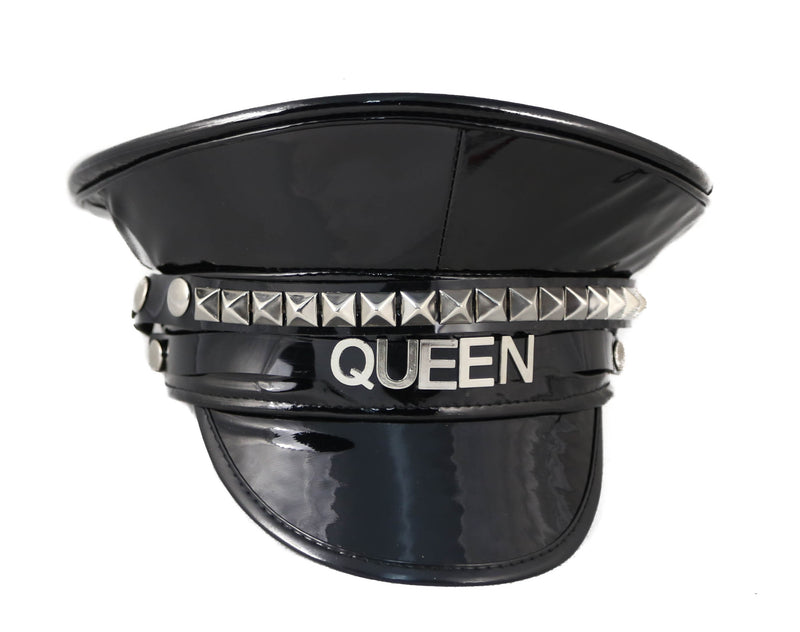 Queen Studded Shiny Black Chain Captain Hat